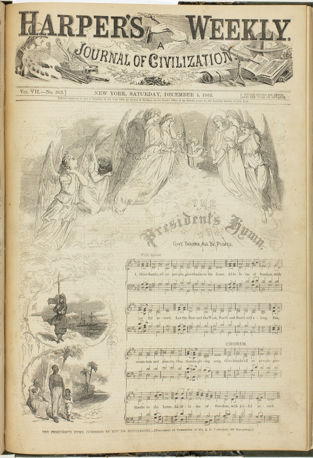 Offenes Buch mit dem Titel "Harper's Weekly Journal of Civilization" mit einer Zeichnung von verschiedenen Menschen, Text und Bildern in verschiedenen Schriftarten und Größen.