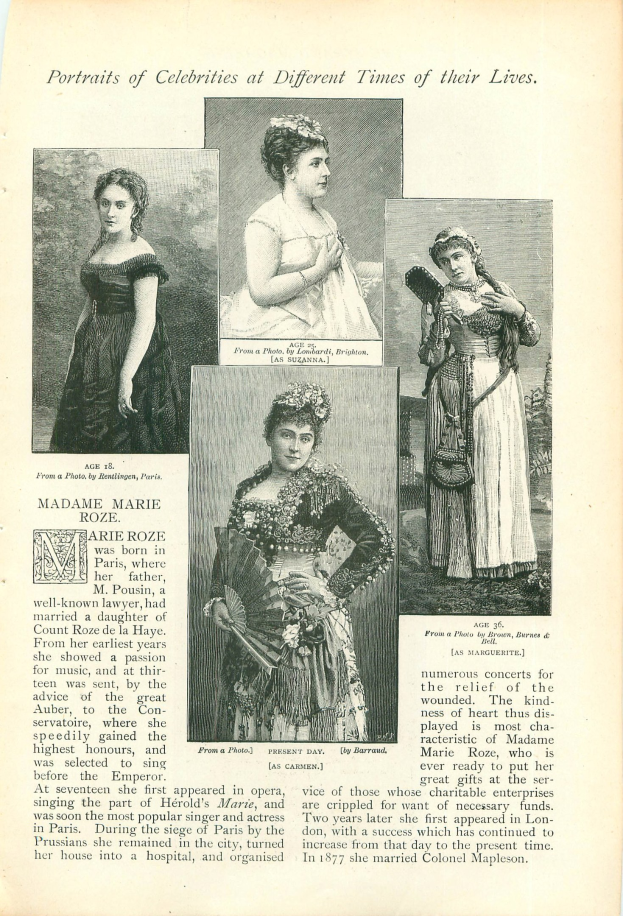 Ein Buchumschlag mit der Aufschrift "Porträts von Promis zu verschiedenen Zeiten ihres Lebens" mit einer Illustration einer Frau in einem langen, hochgeschlossenen Kleid mit einem Dutt.