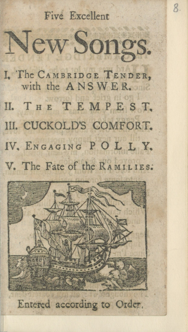Altes Buchcover mit einem Segelschiff auf Wasser mit blauem Himmel und Wolken, betitelt "Fünf ausgezeichnete neue Lieder".