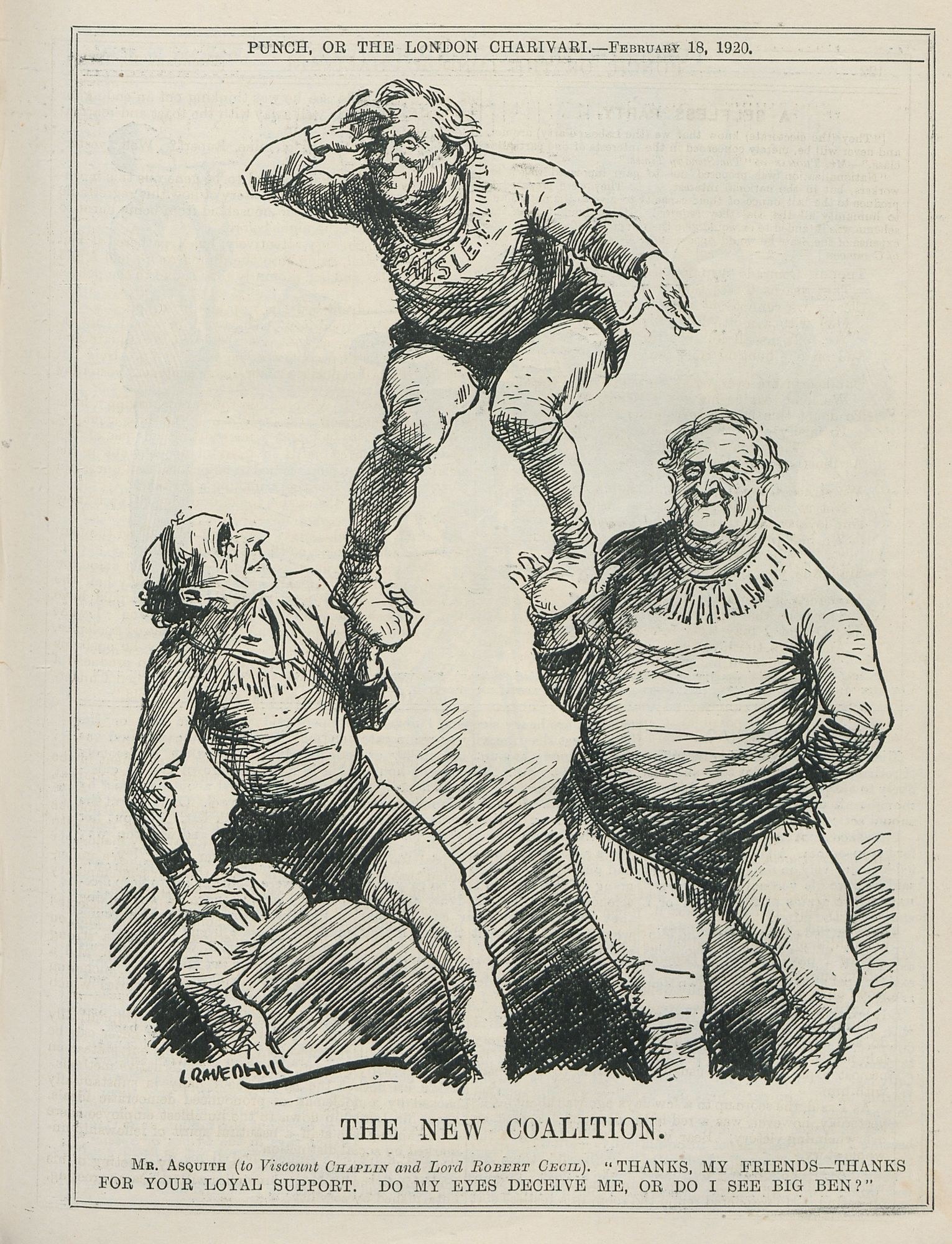 Ein historischer politischer Cartoon mit dem Titel "Die neue Koalition" aus Punch, oder die Londoner Charivari, vom Februar 18, 1920, der drei besorgte Gestalten zeigt, wobei die mittlere Person verzweifelt die Arme ausbreitet.