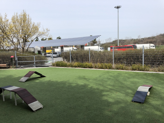 Ein eingezäunter Hundepark mit Kunstgras, Rampen und umgebender Vegetation, Fahrzeugen, Schuppen und einem Laternenmast im Hintergrund unter einem sichtbaren Himmel.