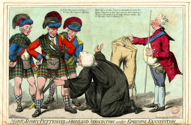 Eine Karikatur eines Mannes in einem Kilt mit einem schwarzen Kleid, der einen Stock und ein Tuch hält und von einer Gruppe von Männern in Kilts mit verschiedenenfarbigen Kleidern und Hüten begleitet wird, mit dem Text "Schottische Prüfungen" unten.