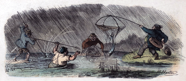 Eine Gruppe von Männern beim Fischen im Wasser, einer hält ein Netz, steht auf Papier mit Schrift.