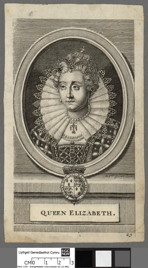 Schwarzes und weißes Porträt von Königin Elizabeth I. von England, die auf einem Stuhl sitzt, ein hochgeschlossenes königliches Kleid mit langen Ärmeln trägt und ihr Haar zu einem ordentlichen Knoten frisiert hat, während sie zur Seite blickt und feine Gesichtszüge hat.