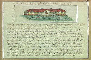 Ein detailliertes Bild eines Hauses mit rotem Dach und weißen Wänden auf einem alten Dokument, unterzeichnet von der Schleswig-Holstein-Schule Delmar in Deutschland, datiert auf 1797.
