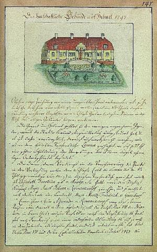 Ein detailliertes Bild eines Hauses mit rotem Dach und weißen Wänden auf einem alten Dokument, unterzeichnet von der Schleswig-Holstein-Schule Delmar in Deutschland, datiert auf 1797.
