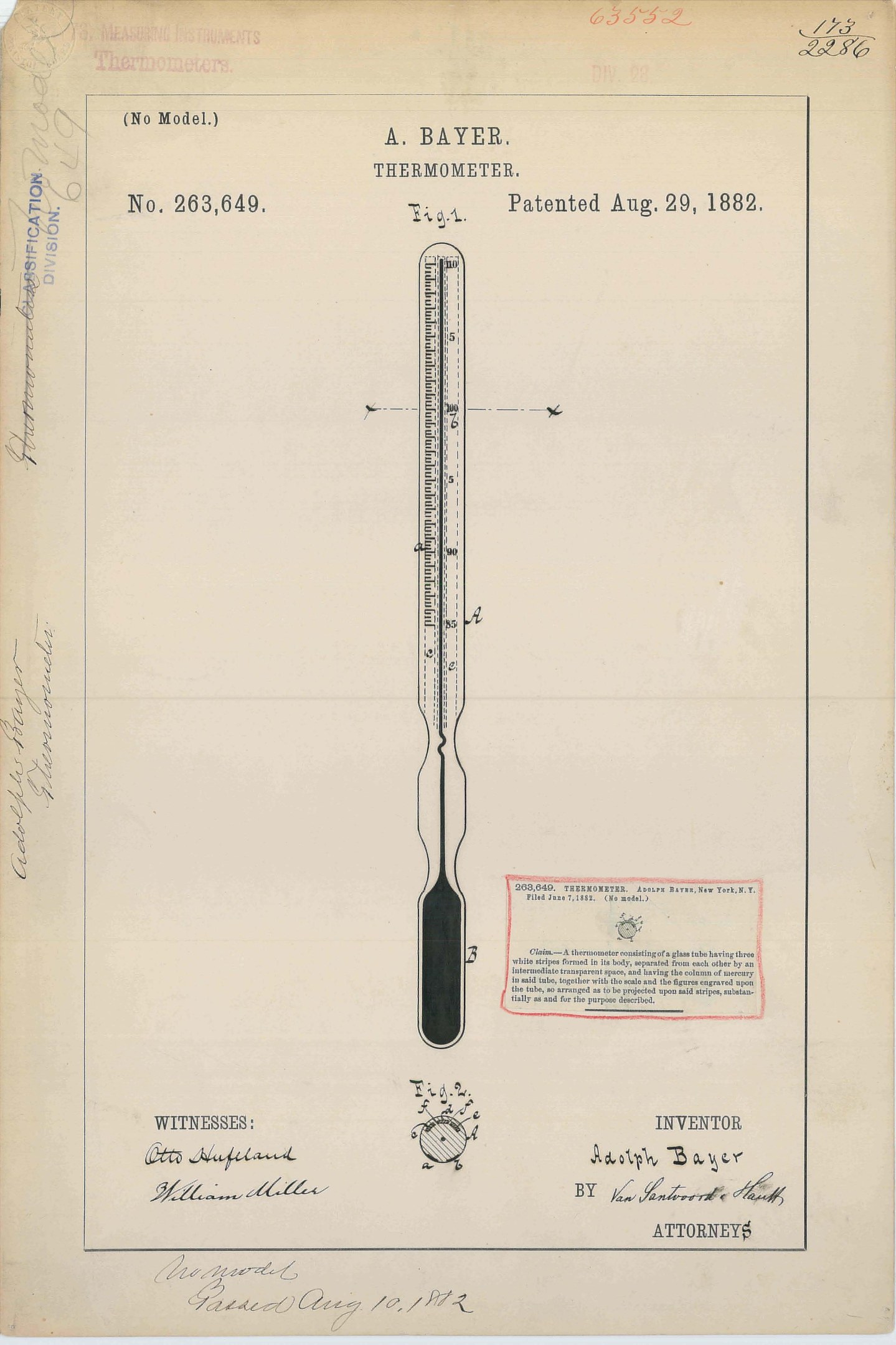 Ein altes Buch mit einer Abbildung eines Thermometers, das mit "Bayer Thermometer Patent No. 263,649" beschriftet ist.