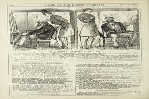 Eine alte Buchillustration zeigt einen Mann im Anzug mit ernster Miene auf einem Stuhl sitzend, während eine Frau mit nachdenklicher Miene danebensteht, mit dem Text "Die Macht der öffentlichen Meinung" sichtbar.